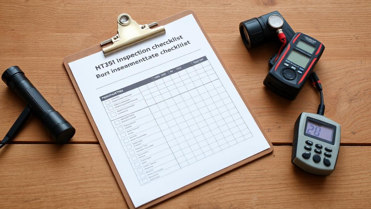 Inspection checklist on a clipboard with a flashlight and moisture meter