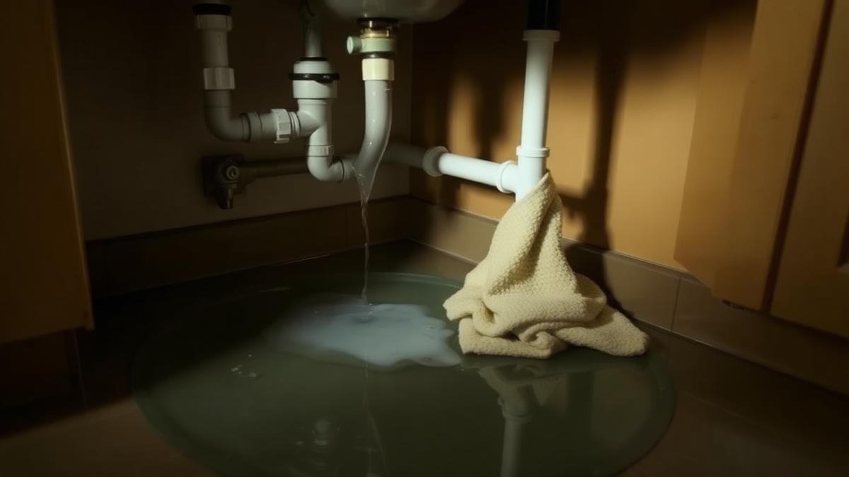 Burst pipe leaking under a kitchen sink onto the floor