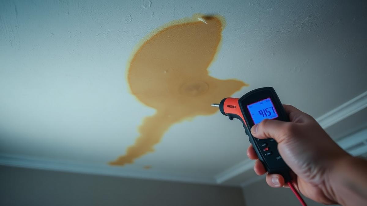 Moisture meter checking a water stain on a ceiling