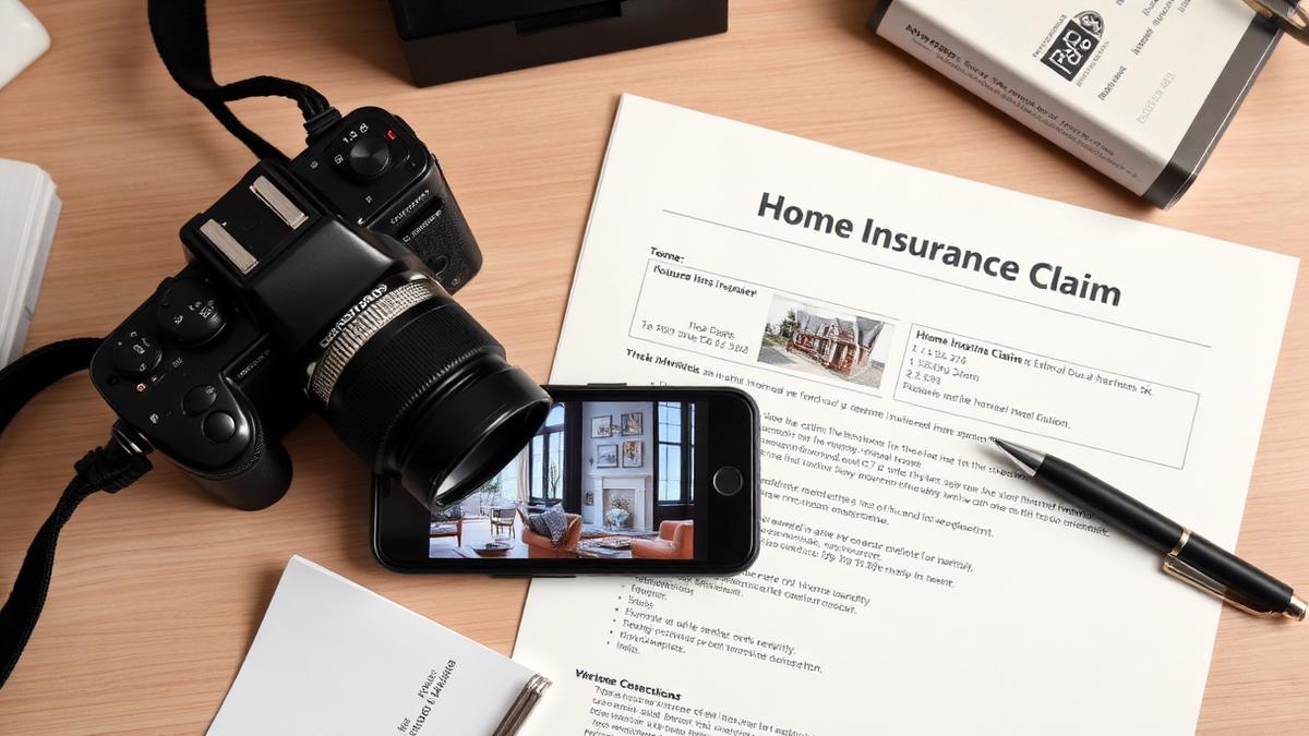 Home insurance claim paperwork with damage photos