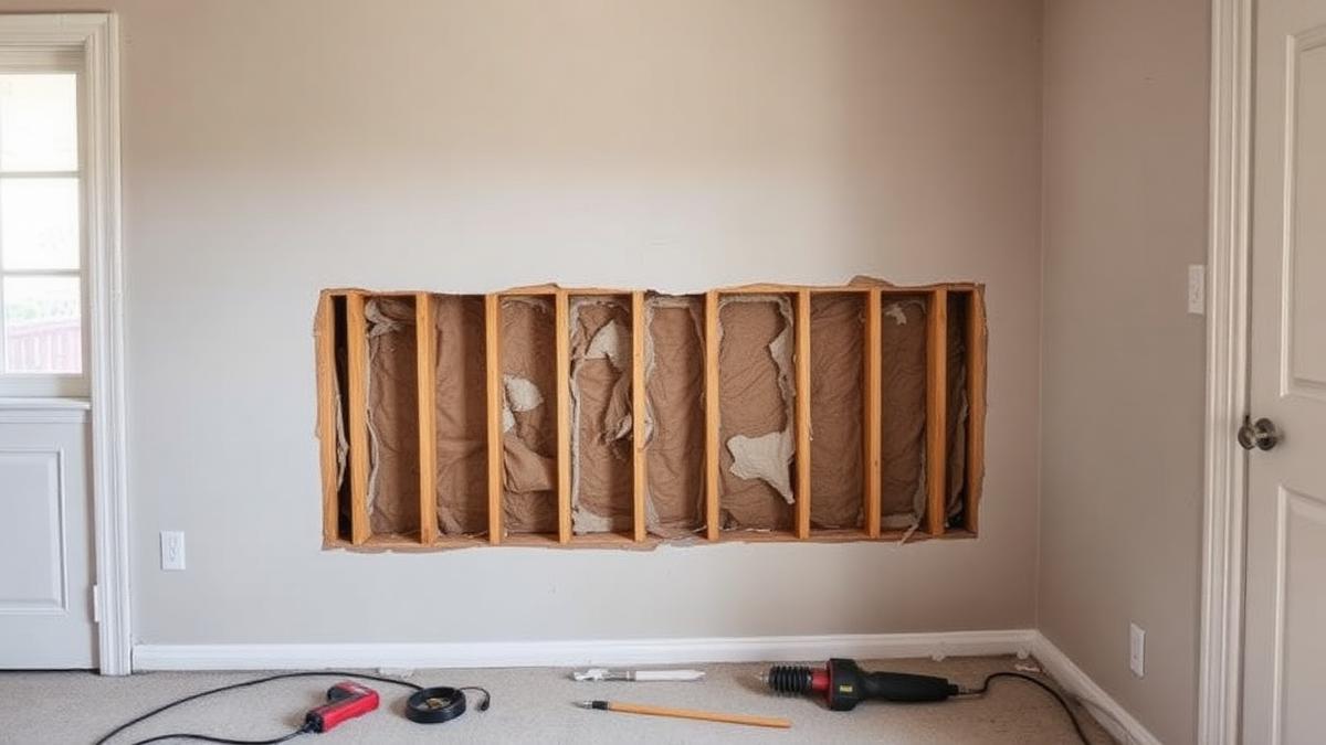 Water-damaged drywall cut away to expose wall framing