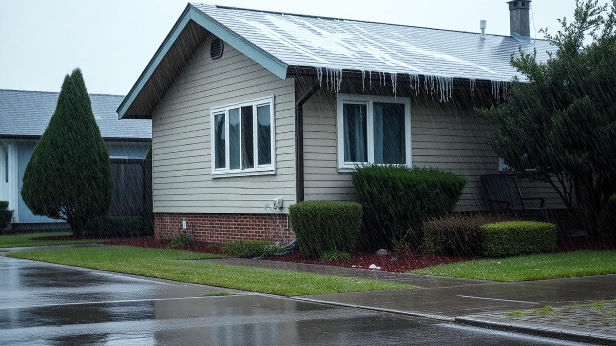 Heavy rain running off a house roof during a storm