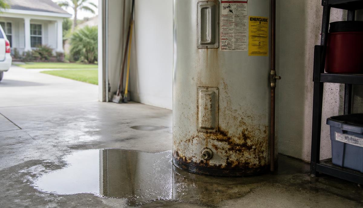 Leaking corroded water heater with a puddle on a garage floor