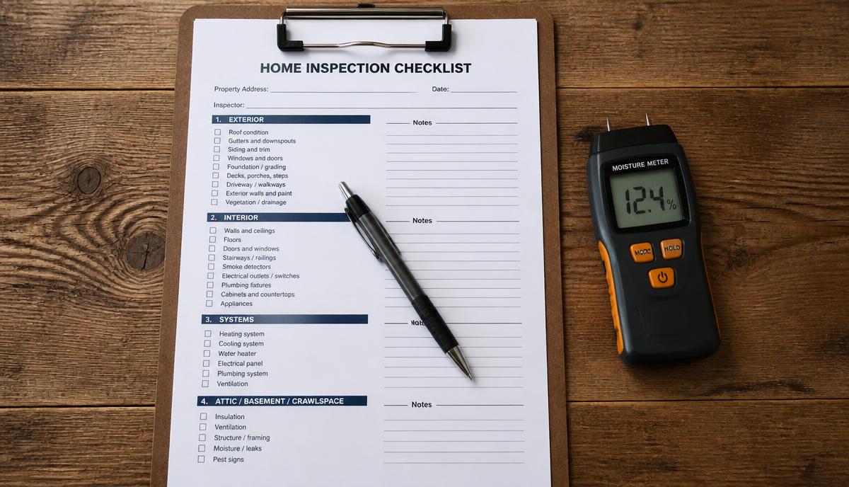 Home inspection checklist on a clipboard with a moisture meter