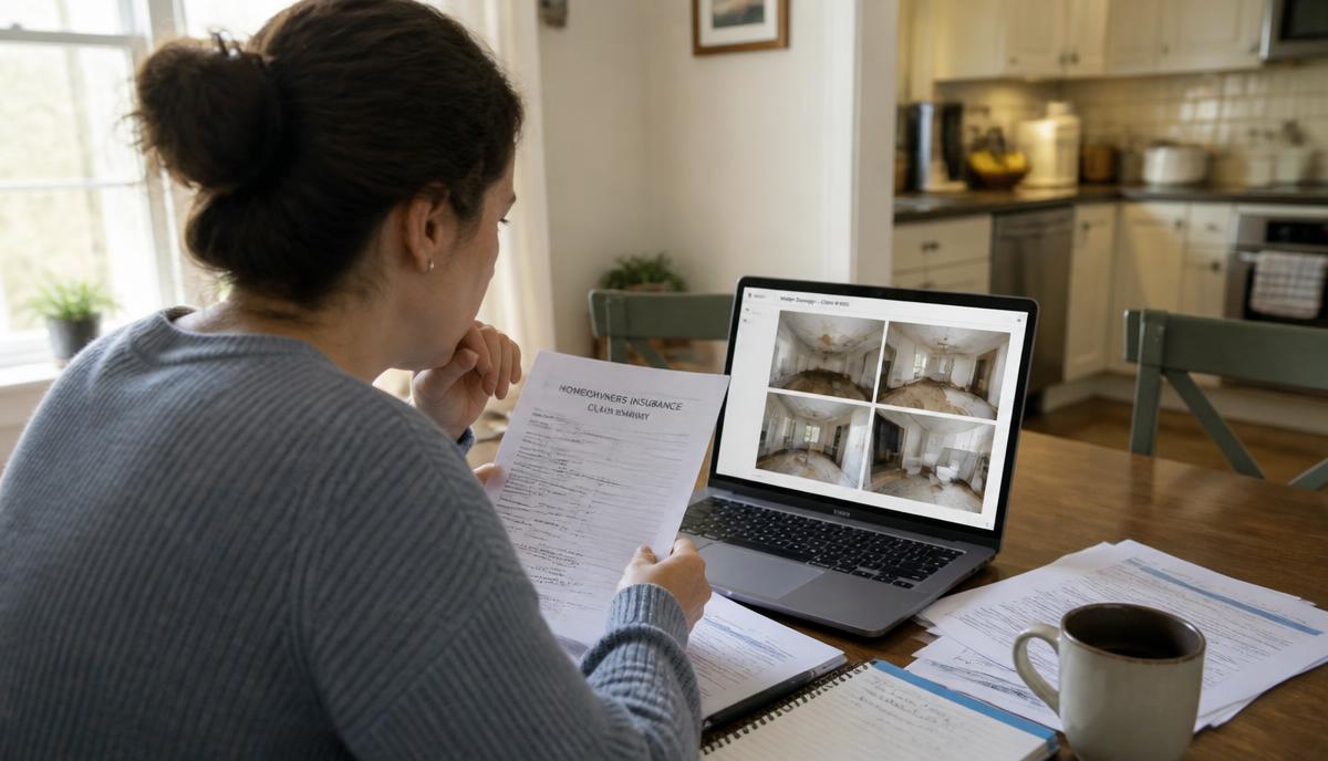 Homeowner reviewing insurance claim paperwork and damage photos