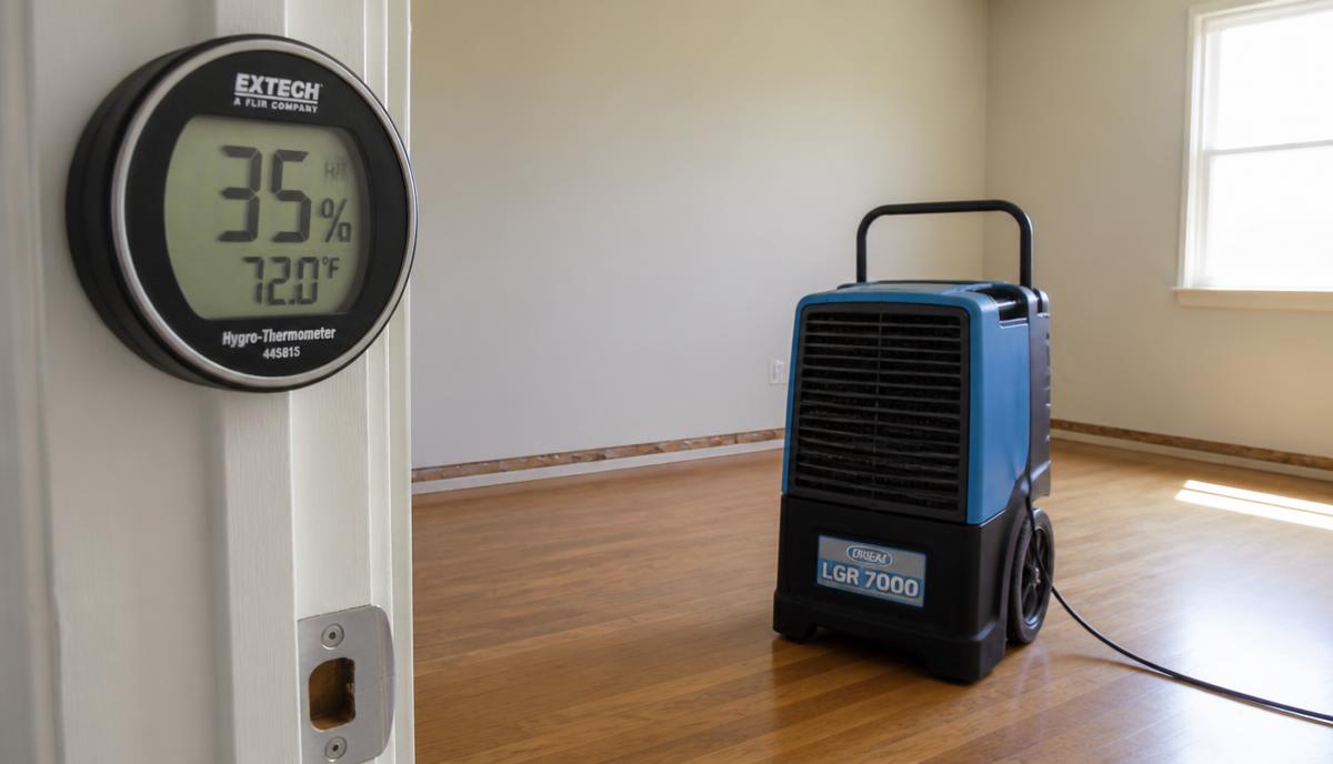 Dehumidifier and humidity monitor in a room being dried