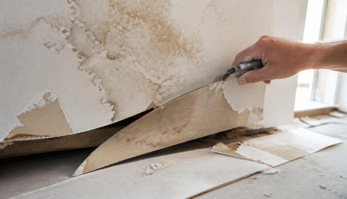 Water-stained drywall being cut away with a knife