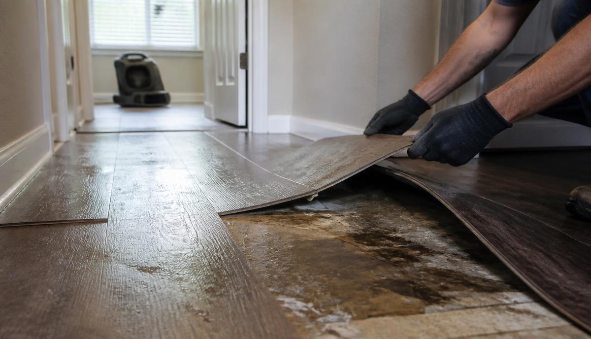 Buckled water-damaged flooring planks being lifted