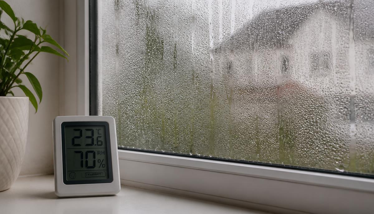 Condensation on a window with a humidity monitor reading 70%