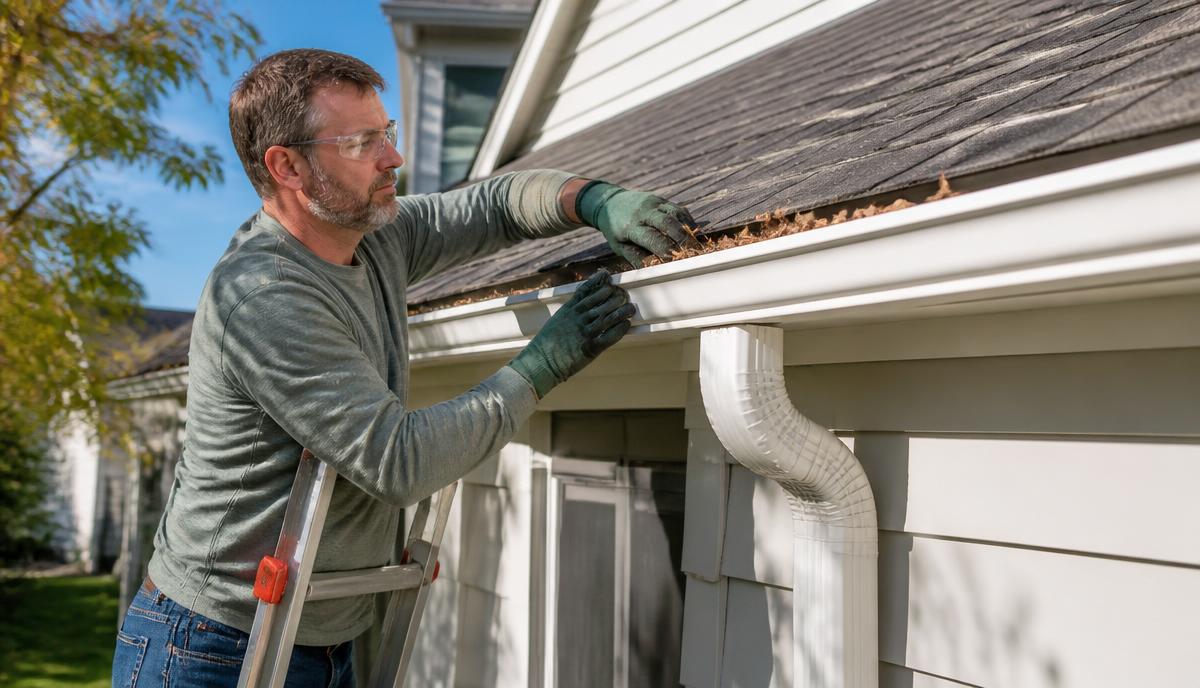 Homeowner clearing gutters and checking downspout drainage