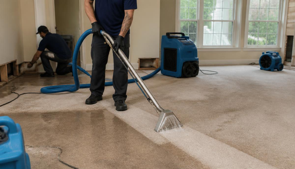Technician extracting water from soaked carpet