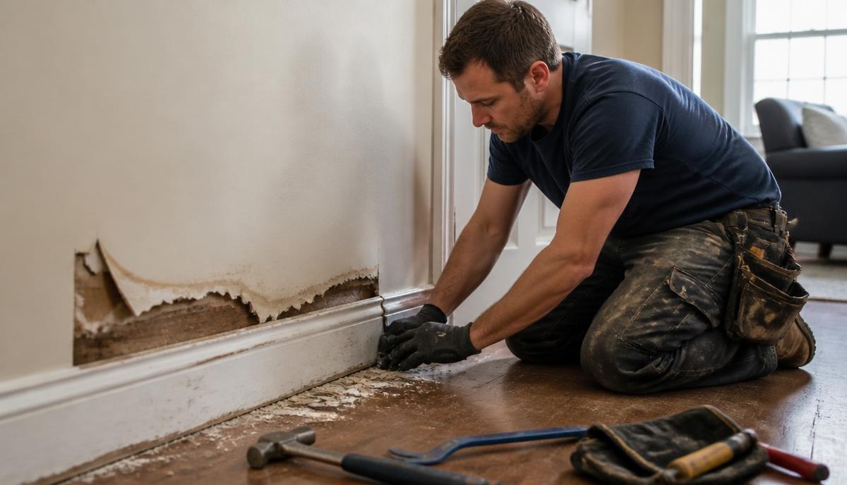 Carpenter repairing water-damaged baseboard and wall
