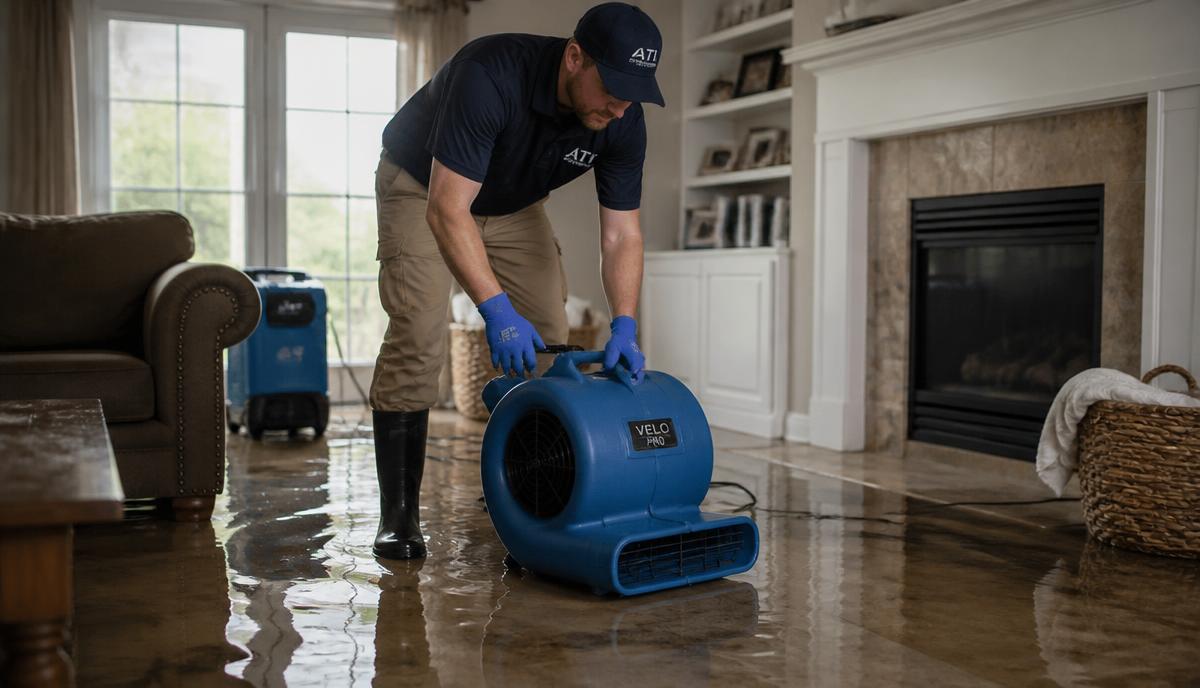 Restoration technician placing an air mover in a flooded living room