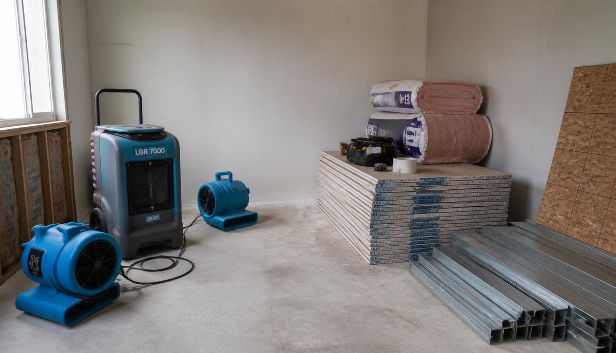 Drying equipment beside stacked rebuilding materials