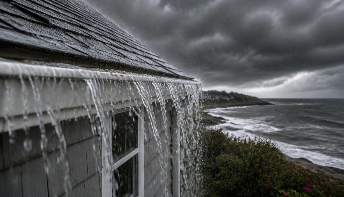 Heavy rain overflowing the gutter of a coastal home