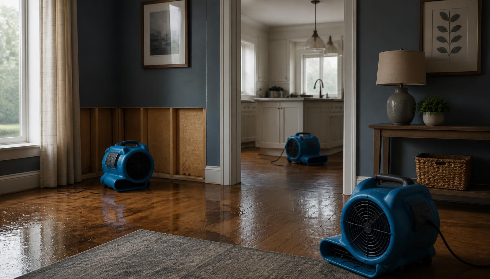 Air movers drying a flooded living room floor after water damage